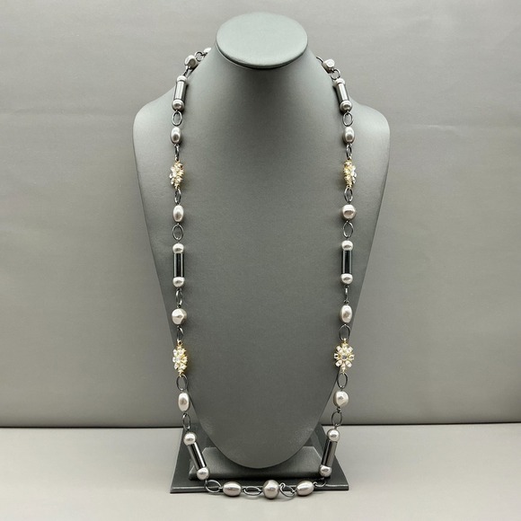 Lia Sophia Jewelry - Lia‎ Sophia Gunmetal Faux Pearl Crystal Floral Station Necklace Retired 28 Inch